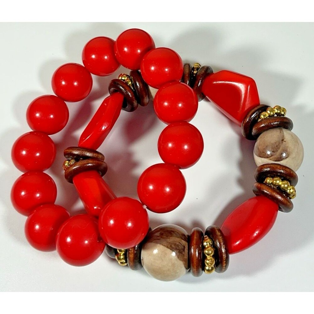Pair of Red Beaded Stretch Bracelets 1 Multicolor w/ Wooden Beads Spacer & 1 Red
